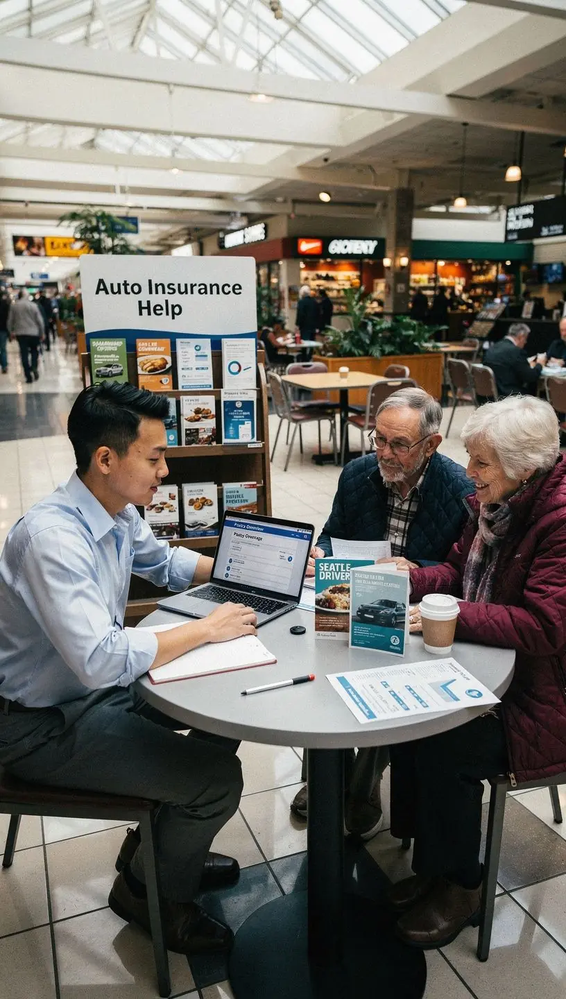 Информационный стенд с наглядными материалами о преимуществах и условиях автострахования в США в торговом центре.