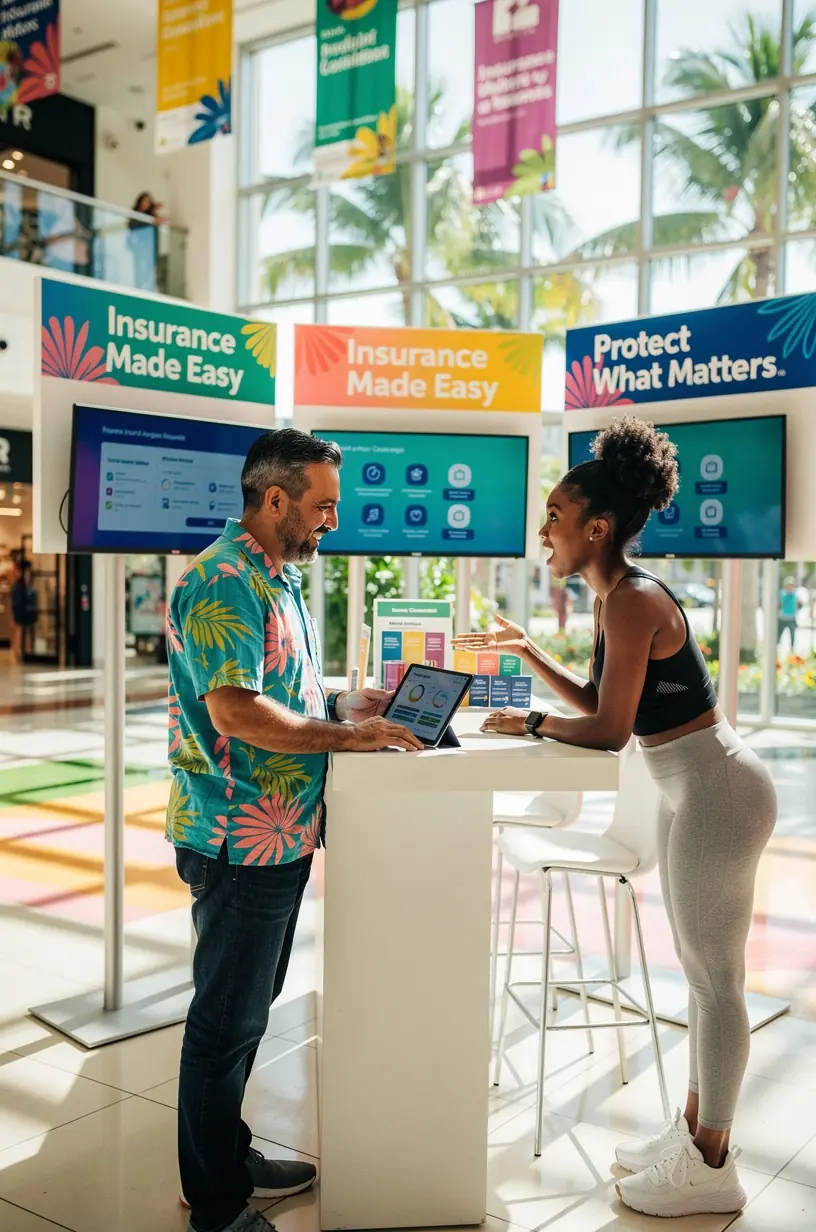 Клиент внимательно изучает документы о страховании автомобиля в уютной зоне консультации в торговом центре.